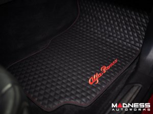 Alfa Romeo Giulia Floor Mats - Italian Leather - Front + Rear Set - Black w/ Red Stitching